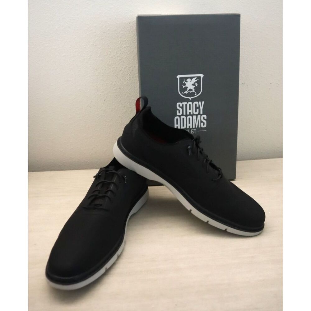 Stacy Adams 25518-001 Men Sz 8.5M Black Leather Synchro Elastic Lace Oxford